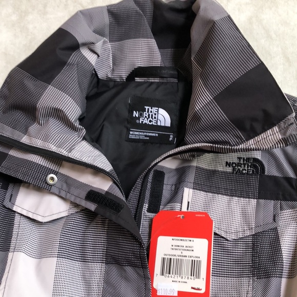 The North Face Gray Black Plaid Check Print Rain Coat Jacket + Hoodie - Picture 6 of 15